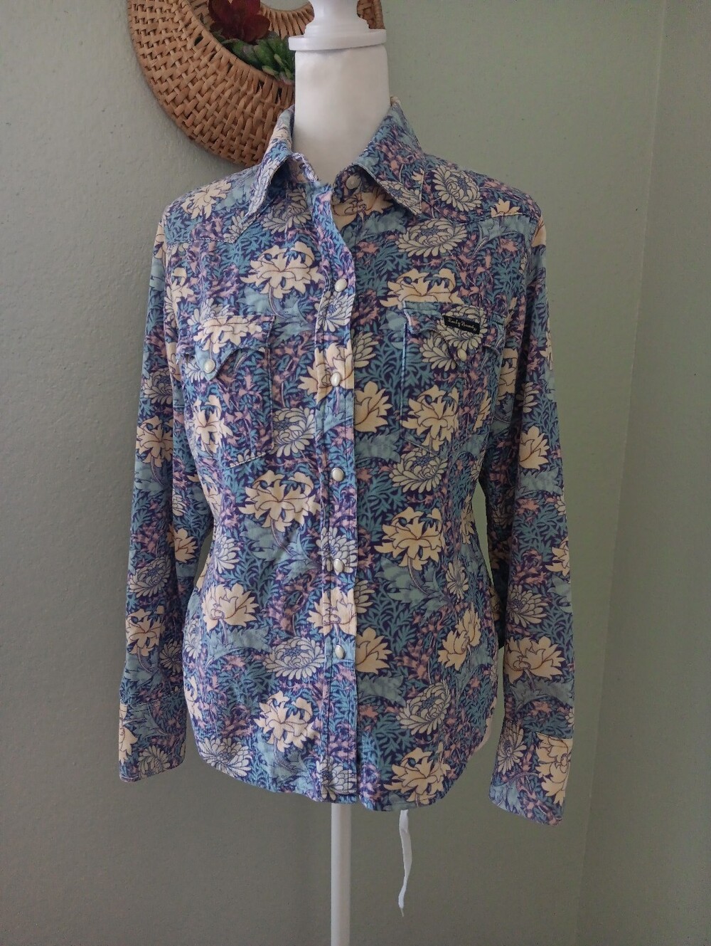 Lucky Brand Blue and Cream Floral Corduroy Pearl Snap Western Button Up